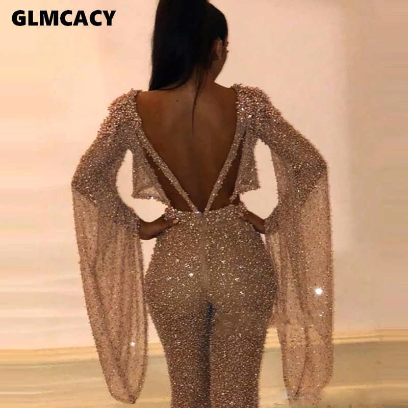 Skup Kobiety Sexy brokat świecący Backless kombinezony strój wieczorny, na imprezę Sexy długie ogrodniczki Chic tancerz wyjściowa stroje