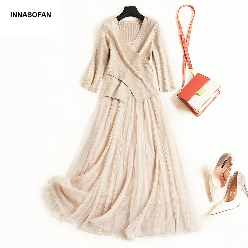 INNASOFAN высококачественное Платье женское осенне-зимнее платье с рукавами три четверти шикарное платье с высокой талией из двух частей фатиновые платья и свитера