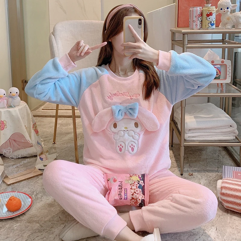 Flannel Padded Pajamas Set Women Plus Velvet Round Neck Sweet Cute Cartoon Pig Head Autumn And Winter Home Service Suit