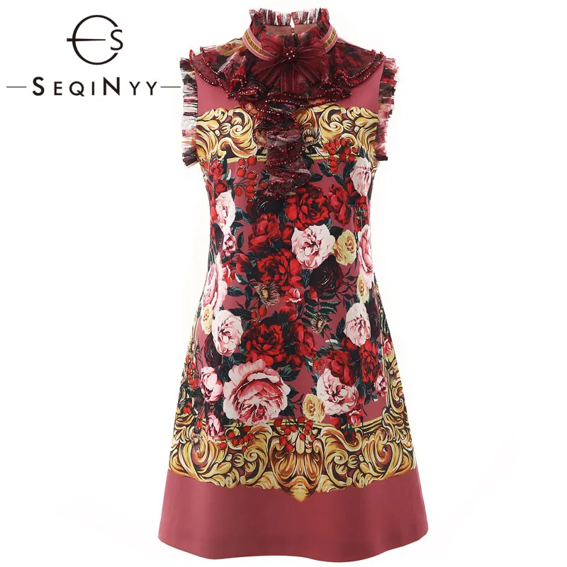 

SEQINYY Vintage Dress 2020 Summer Spring New Fashion Design Luxury Bead Ruffles Mesh Bow Flowers Printed Vest Mini Dress