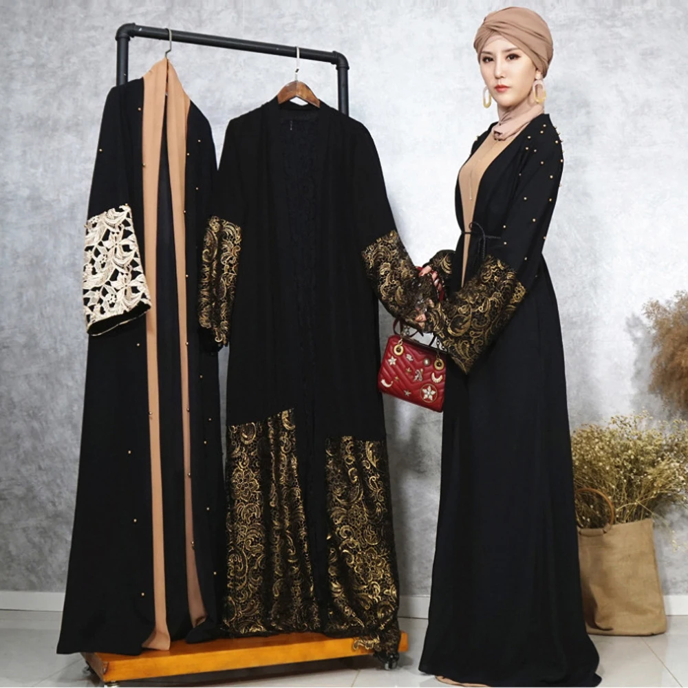 Siskakia Luxurious Hui Muslim Islam Traditional Kimono Abaya Cardigan Robe Gold Lace Hollow Out Patchwork Black arab Dubai | Тематическая