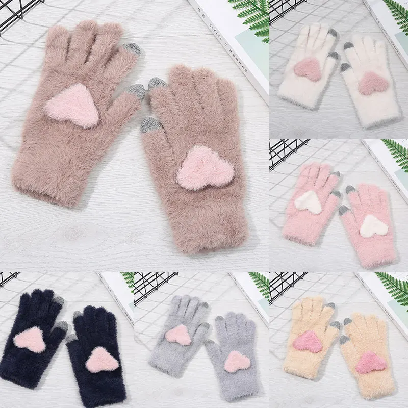 

Imitation Cashmere Soft Knitted Gloves With Love Heart Full Finger Gloves Plush Mittens Winter Warm Touch Screen Gloves