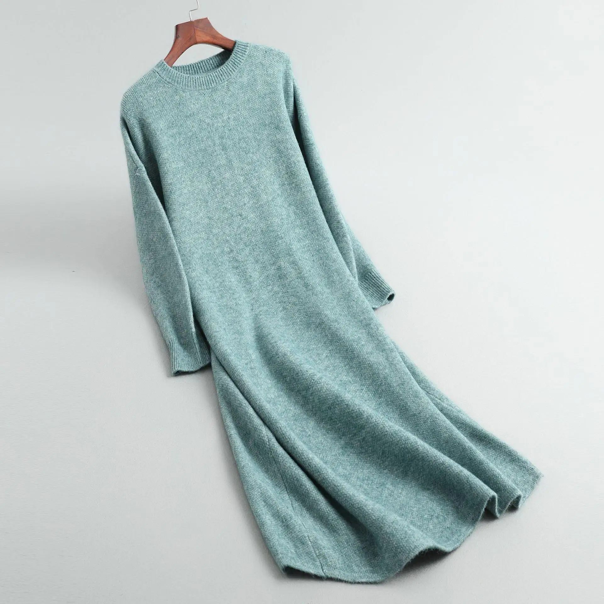 Женское осенне-зимнее длинное платье-свитер Новое плотное длинное платье с круглым вырезом и длинным рукавом шерстяное вязаное платье
