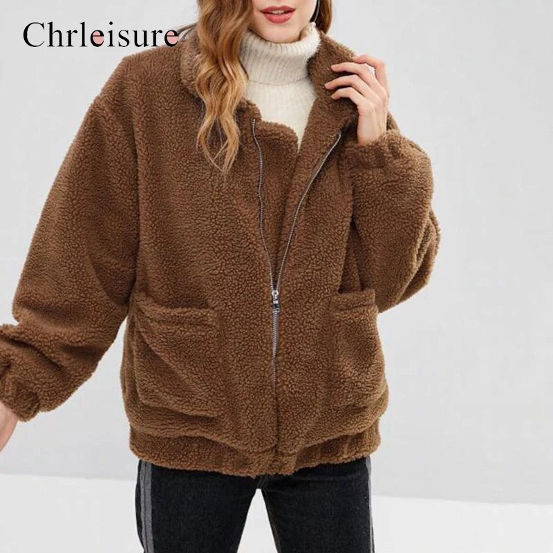 

Women Loose Casual Plush Coat Long Sleeve Lapels Warm Jacket Female Solid Zip Pocket Jacket Female Short 7 Color 2019