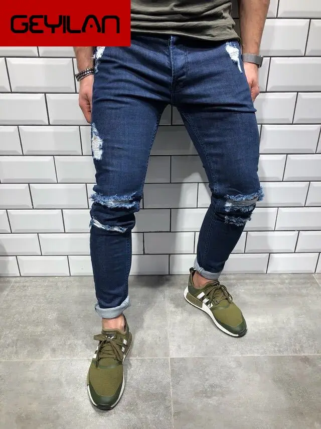 

Slim Thin Skinny Spring Hole Ripped Jeans 2019 Casual Men's Fashion Jeans for Men Long Pencil Pants Trousers Clothes Clothing