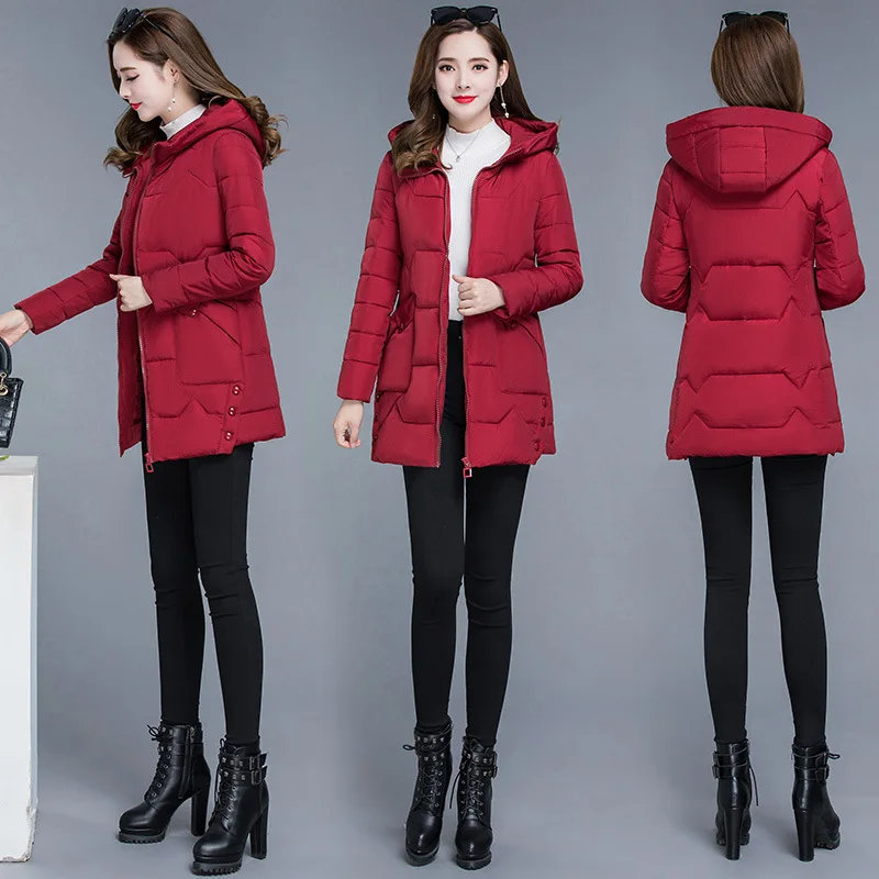 

2019 Winter Korean-style New Style Fashion Glorious Simple Solid Color Hooded Warm with Zipper Mid-length Cotton-padded Jacket C
