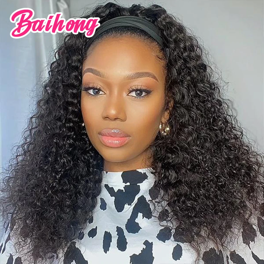 Headband Wig Human Hair Deep Wave Brazilian Remy Hair Natural Color Glueless No plucking Scarf Wigs No Glue No Sew In BAIHONG