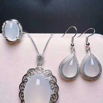 

Jade set 925 silver inlaid agate jade necklace pendant Ring Earring three piece set