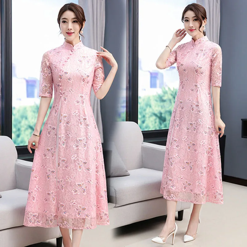 Вьетнамское платье для женщин, винтажное, восточное, китайское, Qipao, Cheongsams, обтягивающее, облегающее, кружевное, с вышивкой, свадебное, Aodai, одежда - Цвет: Color7