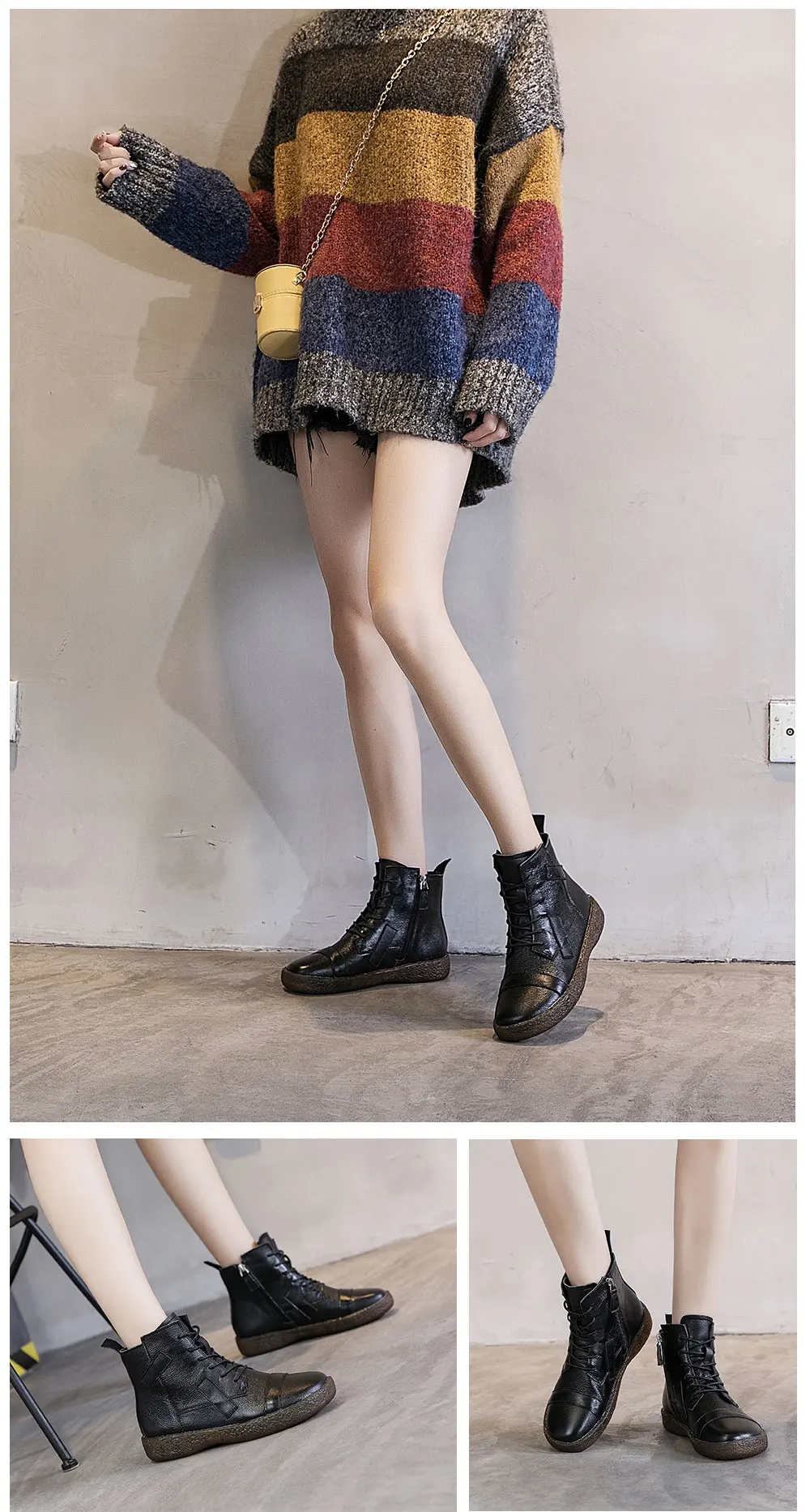 PEIPAH Women's Genuine Leather Shoes Woman Ankle Boots Female Retro Flat With Zip Women's Shoes Autumn Winter Bootee Woman