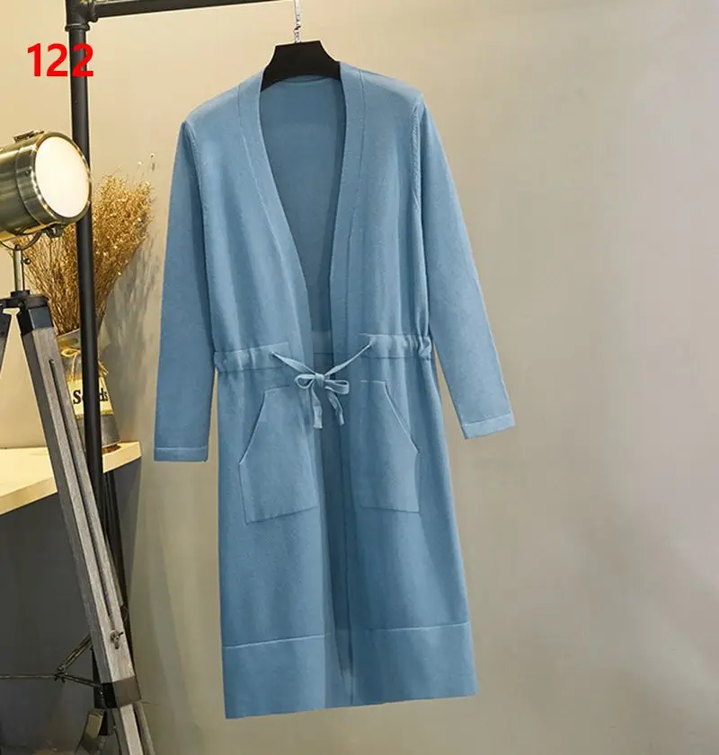 blue 122 GIGOGOU, женский длинный кардиган, свитер, на завязках, Осень-зима, открытые кардиганы с карманами, вязаная куртка, пальто, зимняя женская одежда - Цвет: blue 122