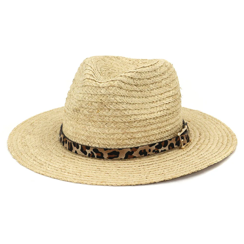

Sun Beach Hat Women Summer Panama Straw Raffia Big Brim Leopard Belt Decoration Holiday Outdoor Accessory For Lady