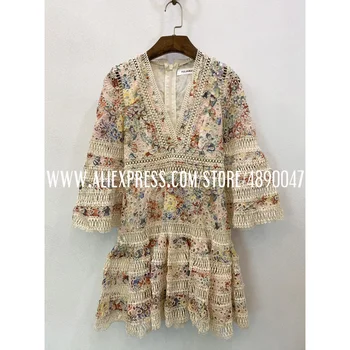 

Printed embroidered cotton dress summer women's casual beach skirt sexy V-neck Ruffle sleeve cutout mini dress