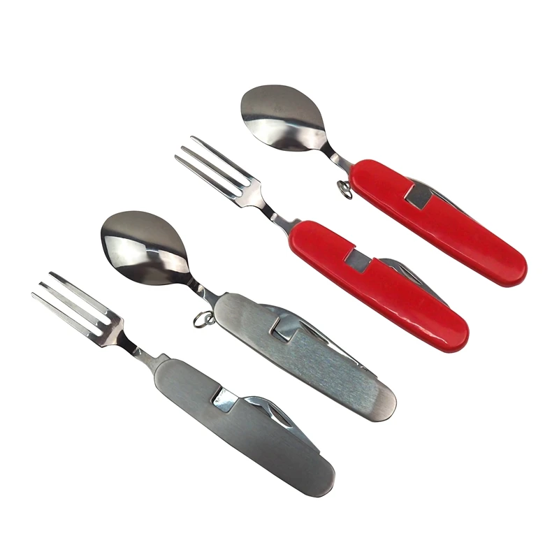 ABUO-Multifunction Outdoor Camping Picnic Tableware Folding Fork With Spoon And Knife Bottle Opener Stainless Steel Cutlery