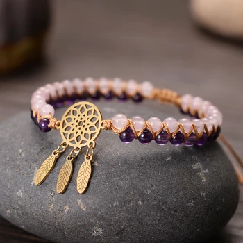 

Golden Dream Catcher Charm Bracelets Handmade 4mm Stones Braided Infinite Men Women Hope Jewelry