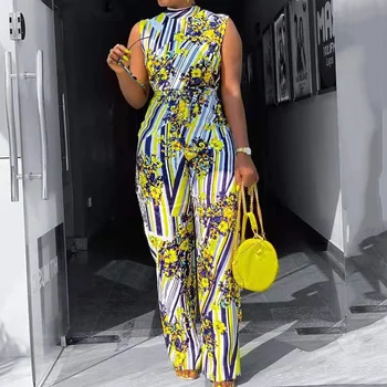 

Summer Sleeveless Women Jumpsuits African Style 2020 High Waist Flower Printed Female Straight Rompers Jumpsuits Femme Workwear
