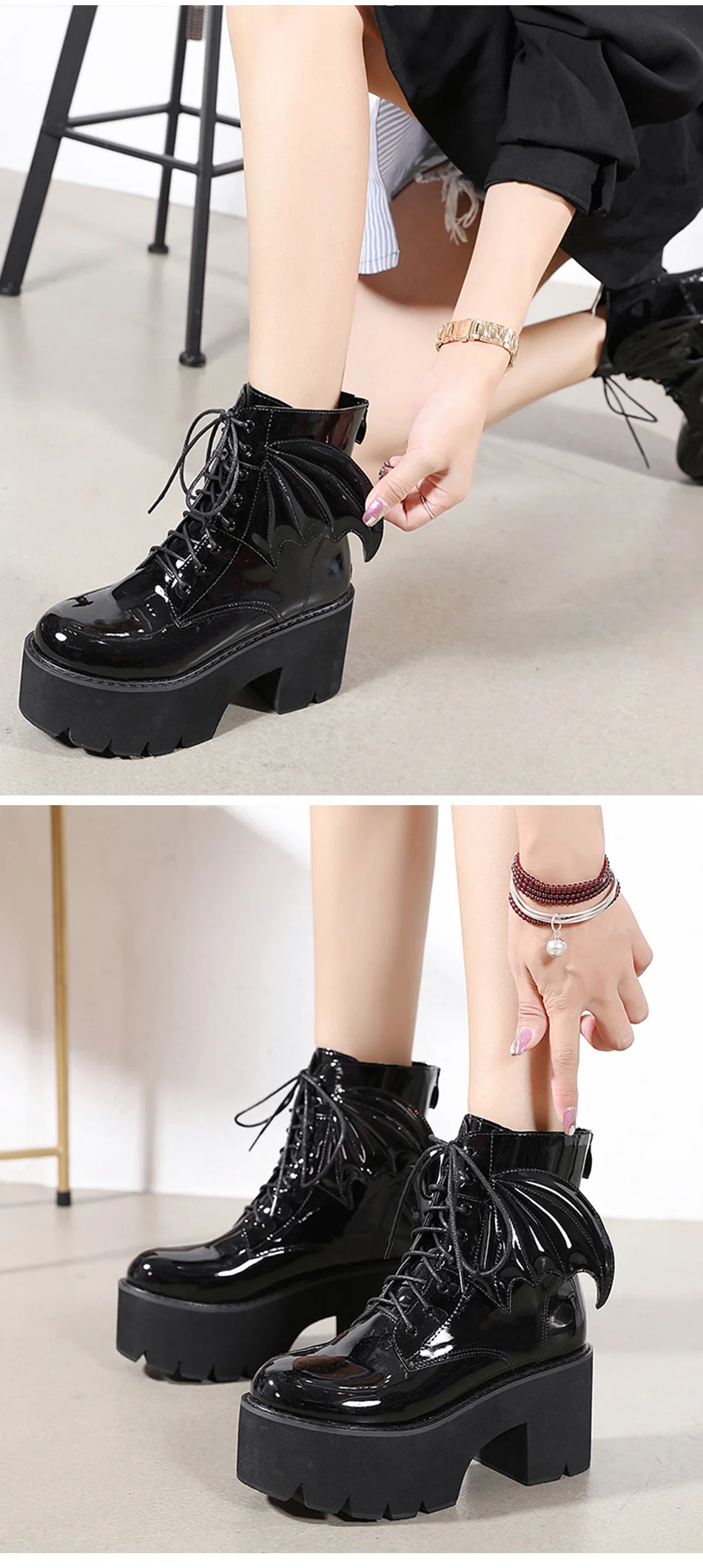 Gdgydh New Fashion Angel Wing Ankle Boots High Heels Patent Leather Womens Platform Boots Punk Gothic Sexy Model Shoes Prefect