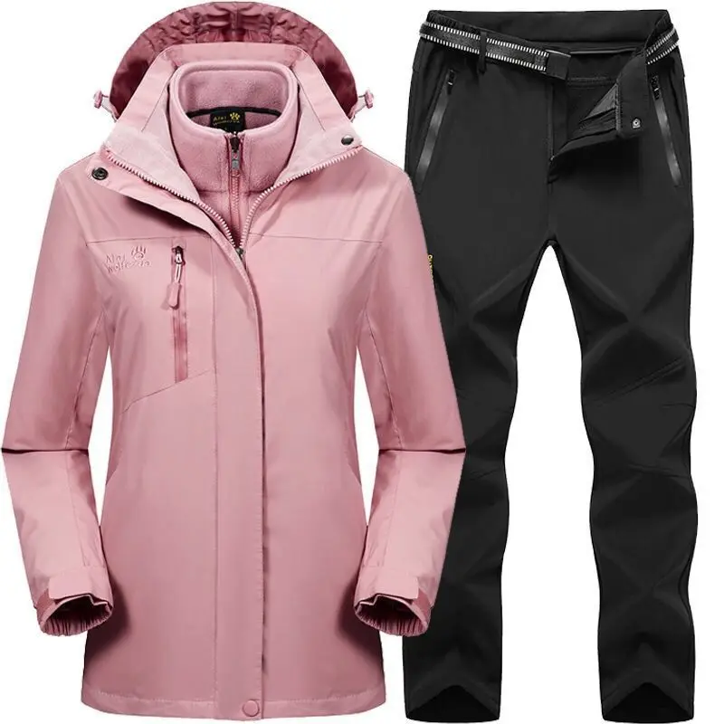 Мужские и женские зимние осенние съемные походные лыжные куртки, флисовые водонепроницаемые штаны с поясом - Цвет: Pink Black Women