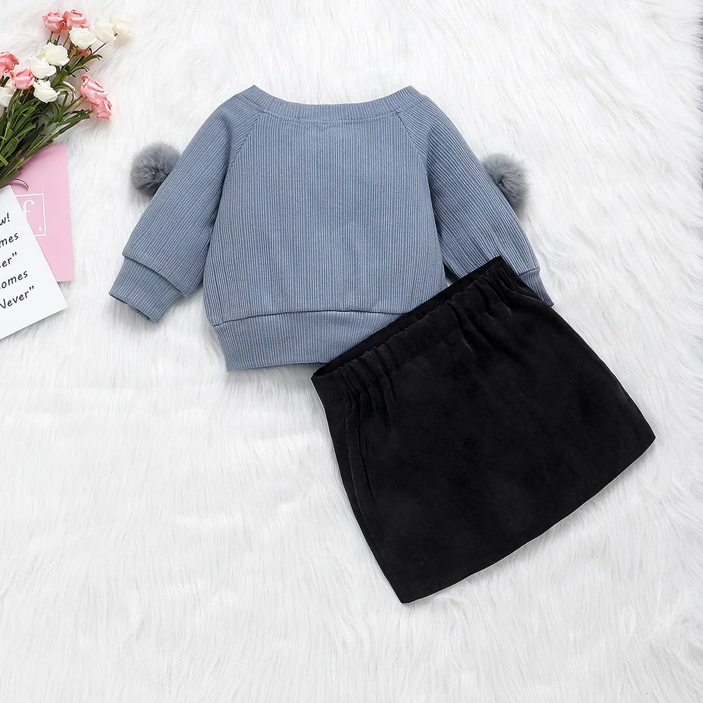 6 Years Girls Clothes Winter Set 2Pcs Pompon Long Sleeve Gray Tops+Black mini skirt 2020 Fashion Kids Clothes For Girls D30