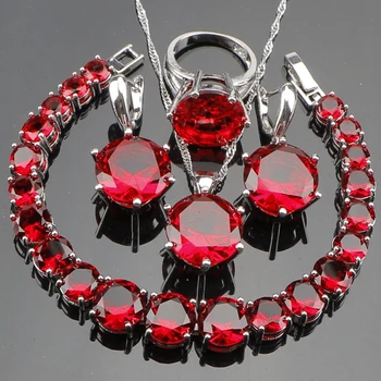 

Wedding Silver 925 Bridal Jewelry Sets Women Jewellery With Red Zirconia Bracelets Pendant Necklace Rings Earrings Set Gift Box