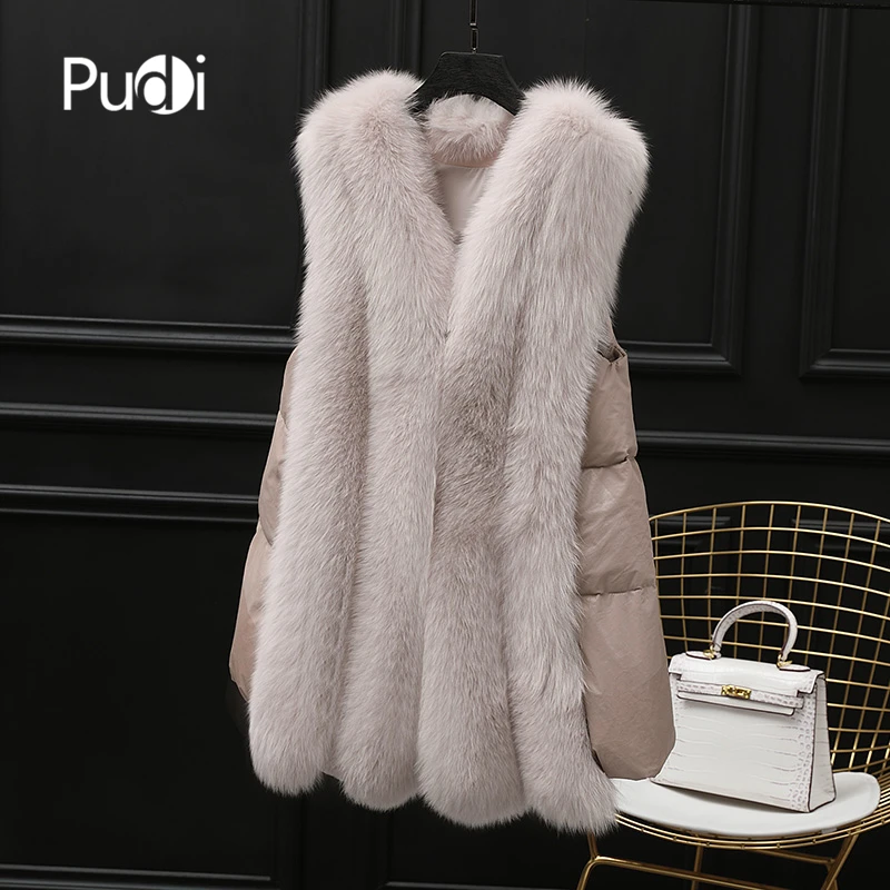 Pudi VT915 женский классический жилет натуральный Лисий мех пальто леди вниз Подкладка Зима теплый подлинный натуральных мех роскошное длинное пальто