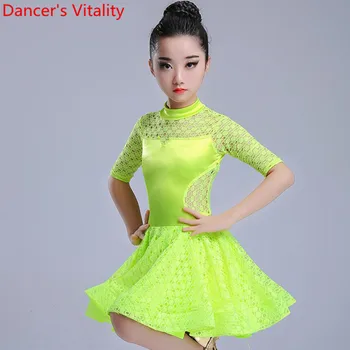 

Children Girls Latin Dance Training Clothes Cut out Splicing Dress Samba Salsa Foxtrot Quickstep Dancing Performance Stage Wear