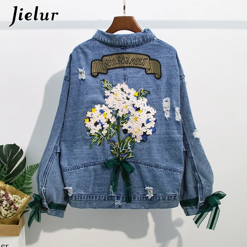 

Jielur 2019 New Embroidered Pattern Jean jackets Women Thick Coat Autumn Winter Harajuku Korean Fashion Wild Loose Short Female
