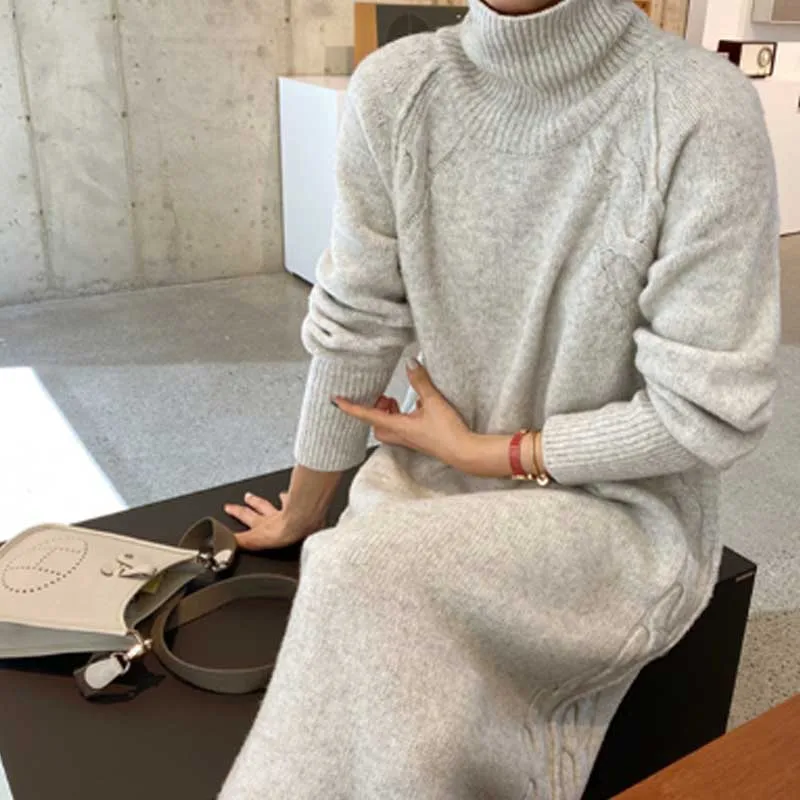 2020 Sweater Dress Women Winter New Fashion Plus Size Turtleneck Knitted Sweater Dress Korean One-Piece Elegant Loose Long Dress