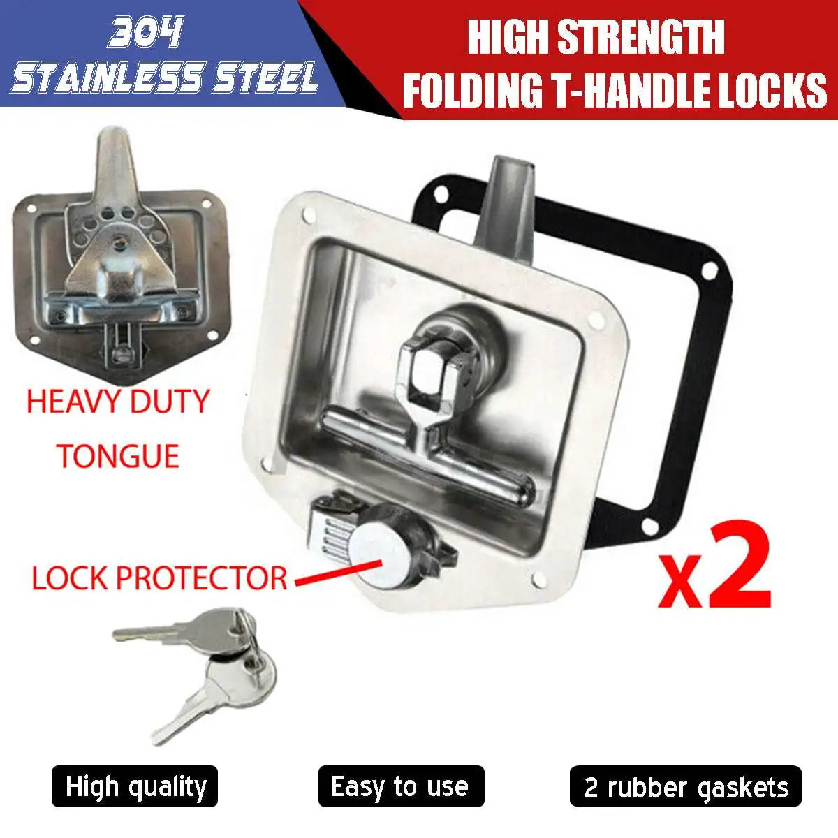 

2 Sets Folding T Handle Locks Trailer Truck Toolbox Door Lock Stainless Steel Handle Door Lock T-Panel Lock Door Handle Latchs