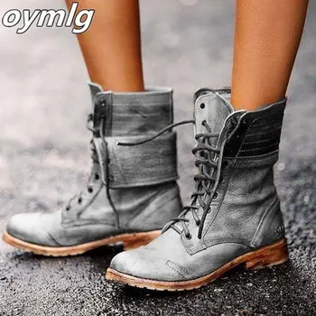 

2020 New Mid-Calf Boots Autumn Winter Non-slip Flat Shoes Vintage Sexy Steampunk Leather Retro Buckle Ladies Snow Boots