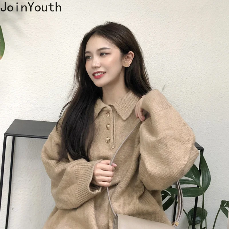 JoinYouth Vintage Sweaters Women Solid Turn-down Collar Loose BF Style Pullovers Autumn Button 2019 New Pull Femme Winter J329 | Женская