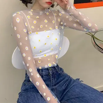 

Korean Style Mesh Top Daisy Under Shirt 2020 New Harajuku Aesthetic Cute Lace Flower T shirt Long Sleeve Mesh Top Dropshipping