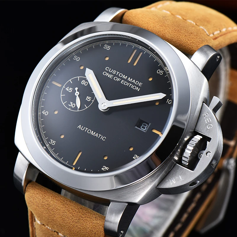 

Watch Men Stainless Steel Case Seagull Automatic Movement 44MM Luminous Date Watch Men's Clock Military Leather Strap 415-7