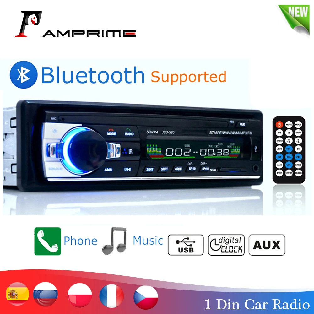 Baratos AMPrime Bluetooth Autoradio Radio estéreo para coche FM RECEPTOR DE entrada Aux SD USB JSD 520 12V en el salpicadero 1 din reproductor Multimedia de MP3 para coche