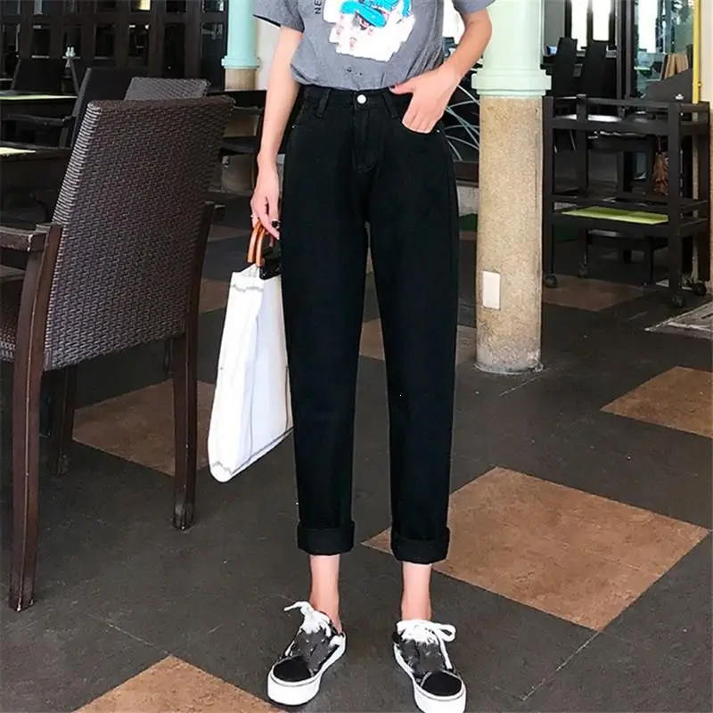 Бежевые джинсы с высокой талией, женские свободные винтажные шаровары, джинсы-шаровары, свободные черные джинсы, повседневные джинсовые штаны