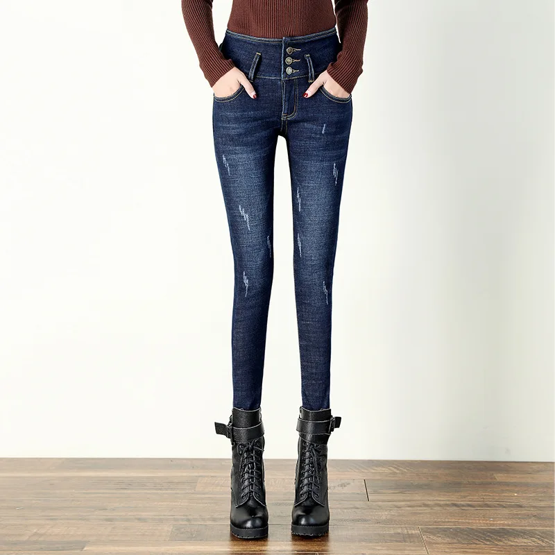 Best-selling Straight Pencil Pants Women Casual Tight-fitting High-waisted Trousers Thicken Velvet Winter Warm Female Jeans