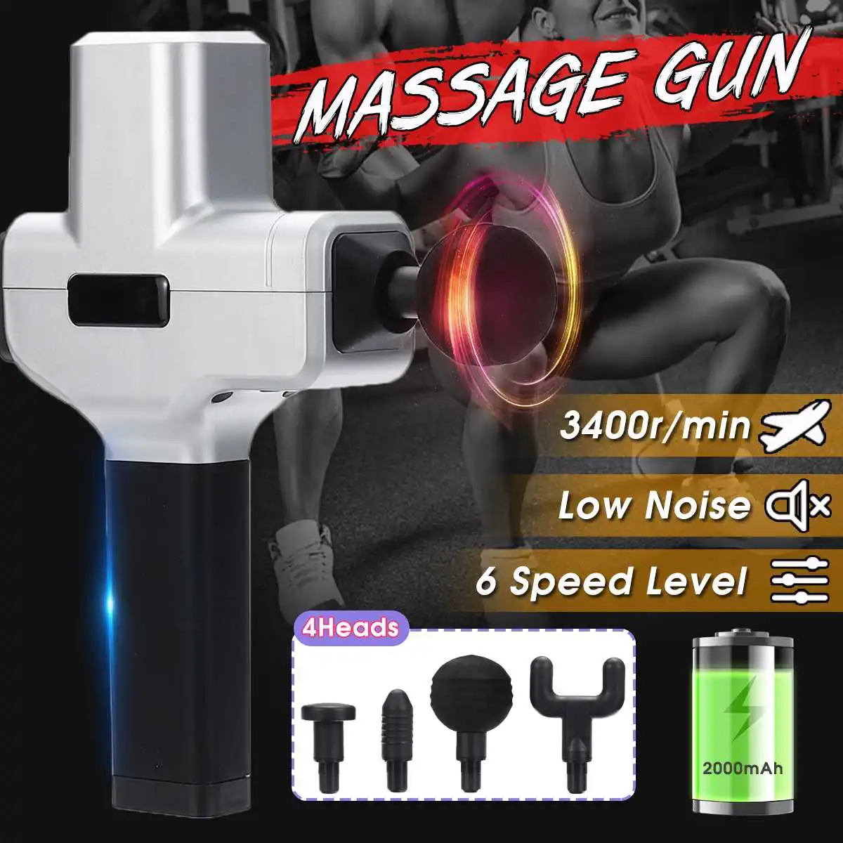 

DC 12V 3400r/min Tissue Massage Gun Electric Battery Massager Gun Muscle Pain Relief Training Body Relaxation Slimming