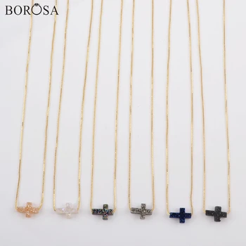 

BOROSA Natural Druzy Necklace 5Pcs Cross Rainbow Titanium Natural Druzy Bead 16.5inch Adjustable Necklace Jewelry G1890