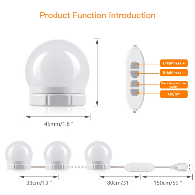 LED 5V Makeup Mirror Light Bulb Hollywood Front Light 10 Levels of Brightness Adjustment Hidden Wiring USB Charging 10 Lights