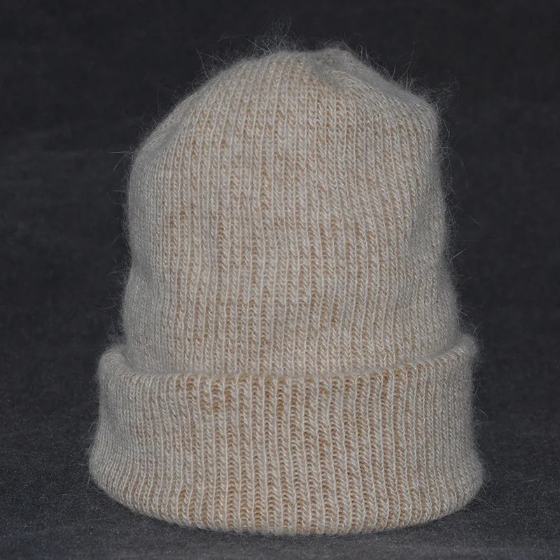 Кроличьи кашемировые вязаные шапочки Новая зимняя женская шапка Толстая теплая Дамская шерстяная шапка из ангорской шерсти женские шапочки - Цвет: Хаки