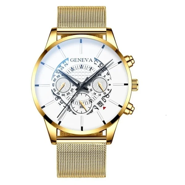 Gold White GENEVA роскошные часы мужские модные бизнес календарь нержавеющая сталь кварцевые наручные часы Мужские часы relogio masculino - Цвет: Gold White