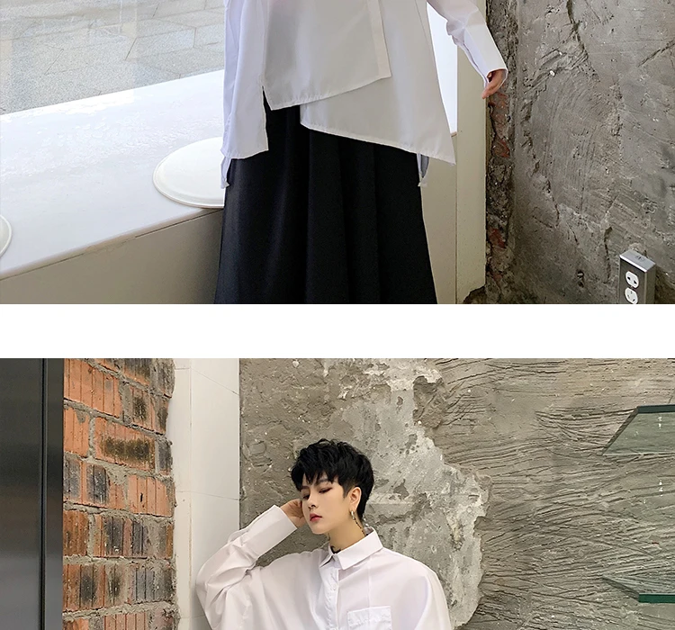 Men Oversized Long Sleeve Asymmetric Design Loose Black White Shirt Male Japan Streetwear Hip Hop Gothic Casual Shirts