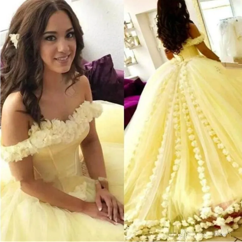 Элегантные платья Quinceanera желтого цвета с открытыми плечами 3D Цветочные аппликации бальные платья новое поступление сладкий 16 Платье Дешевое выпускное платье