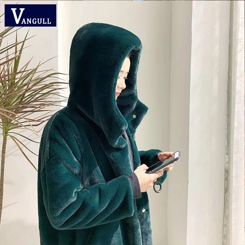 Vangull зимнее женское пальто высокого качества из искусственного кроличьего меха роскошное длинное меховое пальто Свободное пальто с капюшоном толстое теплое женское плюшевое пальто