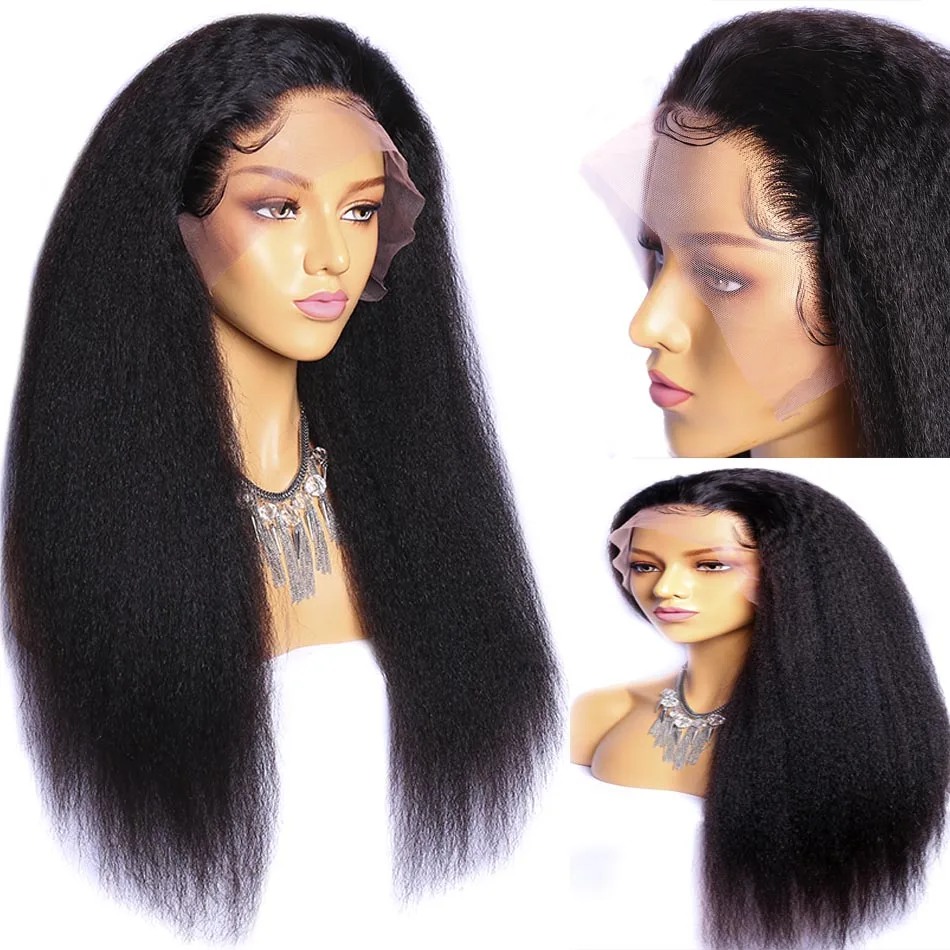 Mi Lisa crépus perruque droite sans colle dentelle avant perruques de cheveux humains pour les femmes noires pré plumé Fronte b|Парик из
