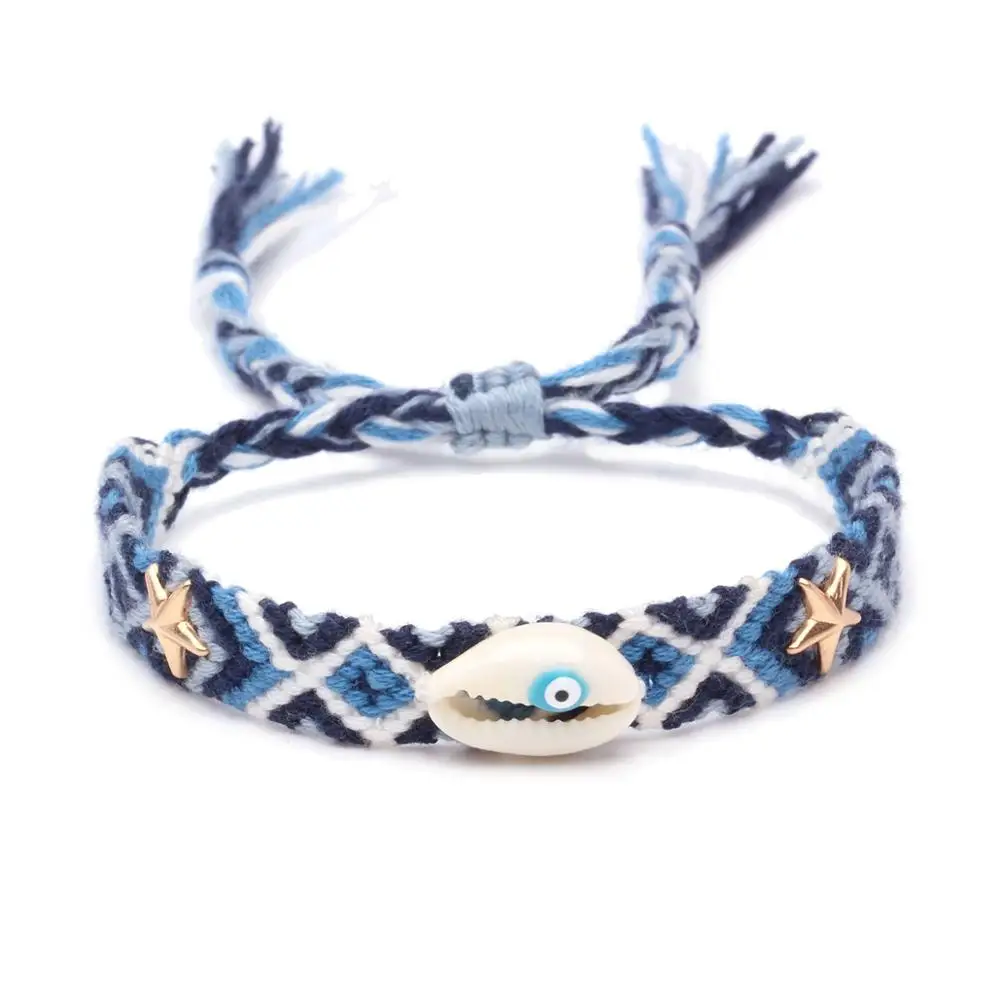 

Evil Eye Cowrie Seashell Pentacle Claw Nail Woven Friendship Bracelet Women Men Slim Blue Floss Pull Knot Summer Boho Jewelry
