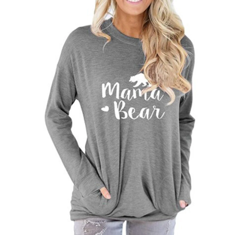 gray Mama Bear, повседневная женская футболка, Осень-зима, модная футболка с длинным рукавом и карманом, женская, графическая, Kawaii, топ размера плюс, стильная одежда - Color: gray