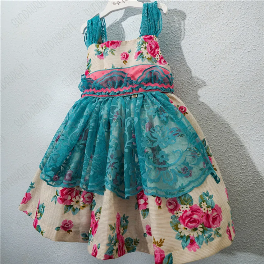 

Baby girl summer vintage Spanish lolita floral princess dress kids spaghetti strap lace stitching ball gown dress