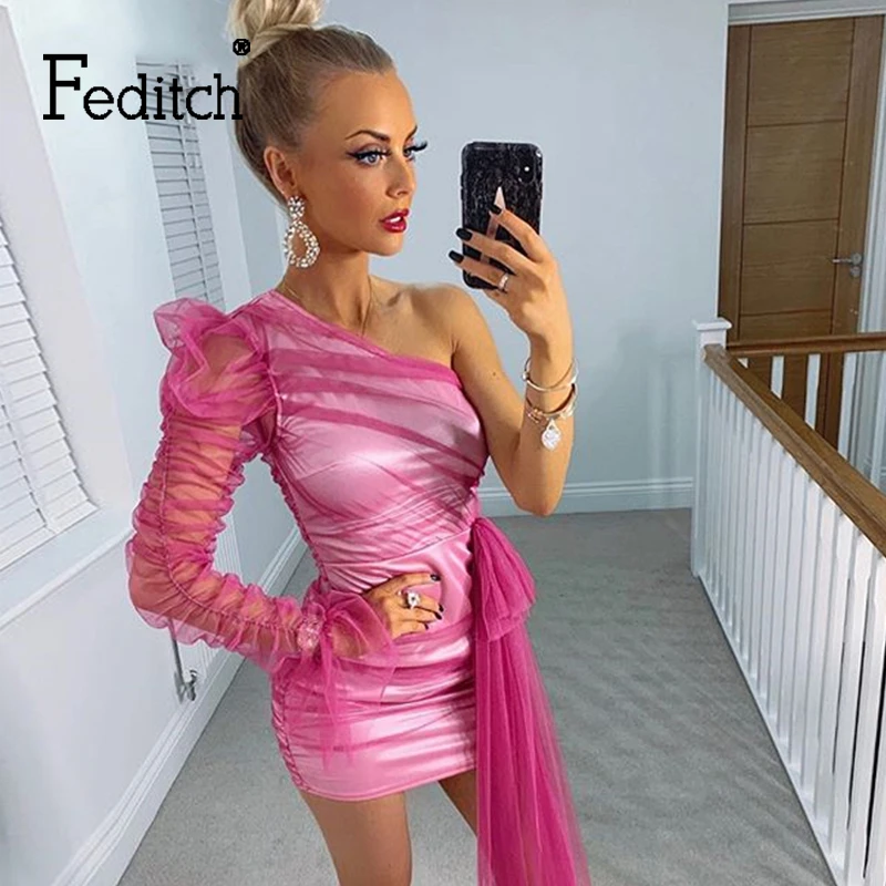 Rose Feditch Осенние сексуальные сетчатые кружевные вечерние платья с оборками на одно плечо, женское облегающее рождественское платье, мини Клубное женское платье, Vestidos De Fiesta - Цвет: Rose