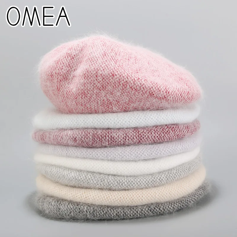 OMEA из ангоры кроличьей шерсти зимняя шапка вязаная женские береты Шляпа Сплошной